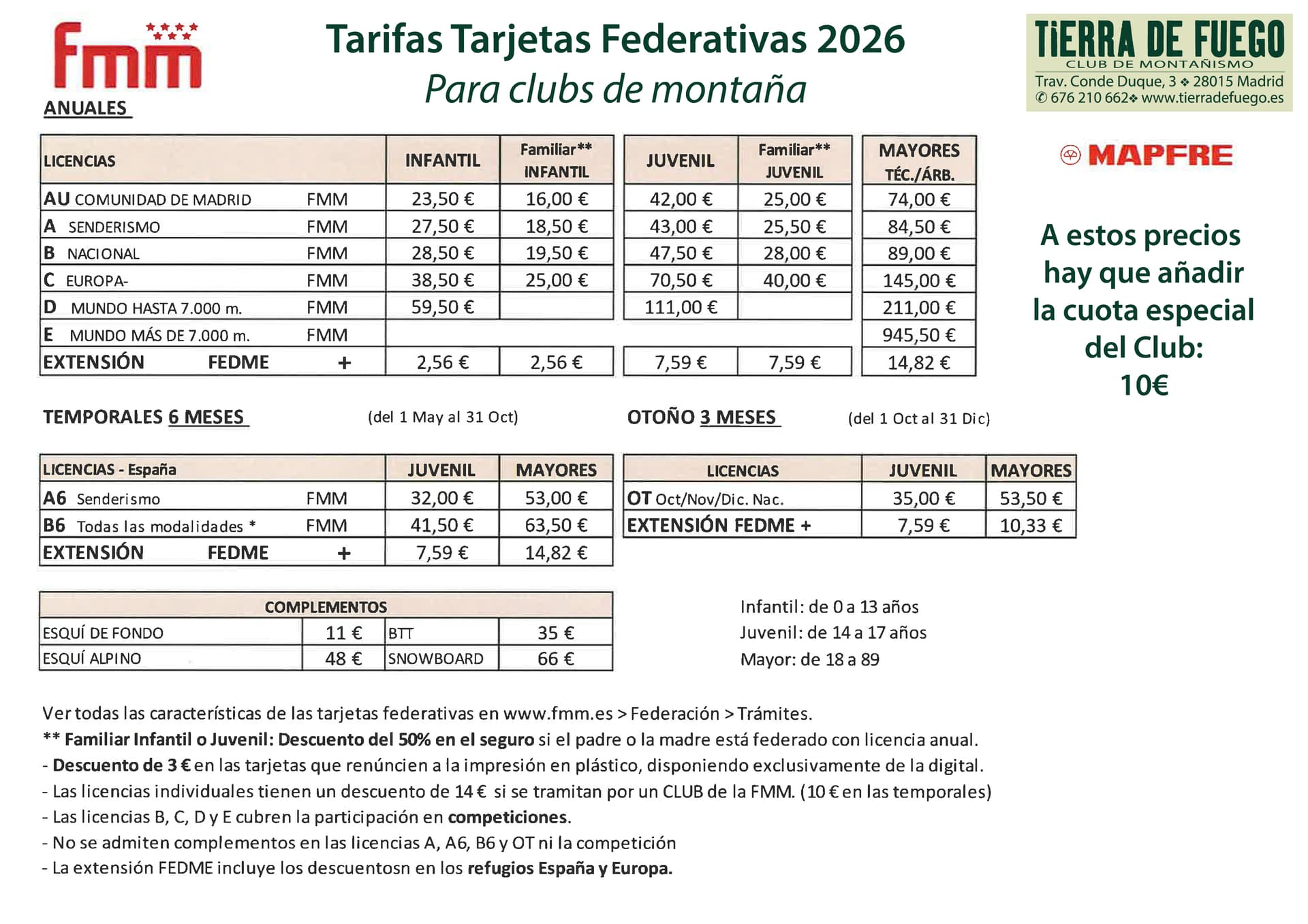 Tarifas de las tarjetas federativas para socios de clubs de montaña 2026